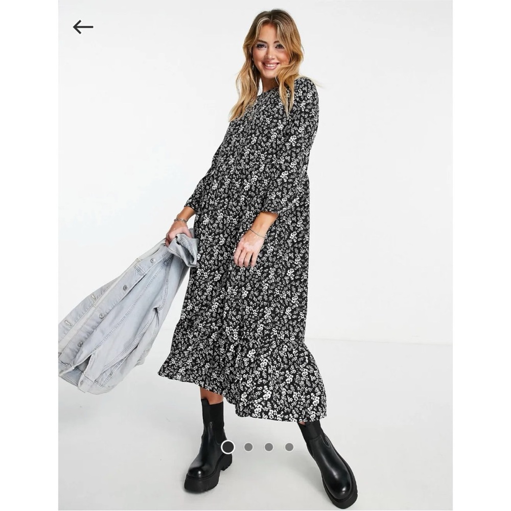 ASOS Maxi Midaxi Midi Floral Black White Smocked Sleeved Modest Summer Dress
